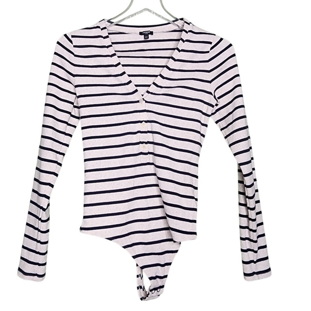 Express Long‎ Sleeve Bodysuit Beige Blue Henley V-Neck Fitted Ribbed Basics S